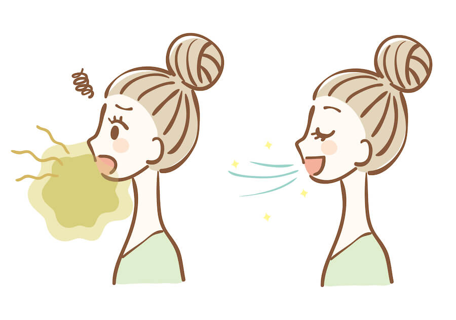 Drawing of a woman with bad breath receiving treatment to fix her bad breath