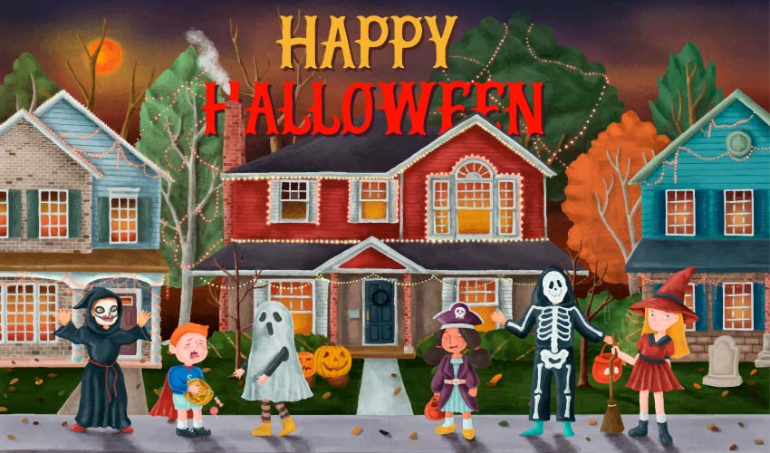 Cartoon of kids in costumes trick or treating for Halloween candy that can cause cavities